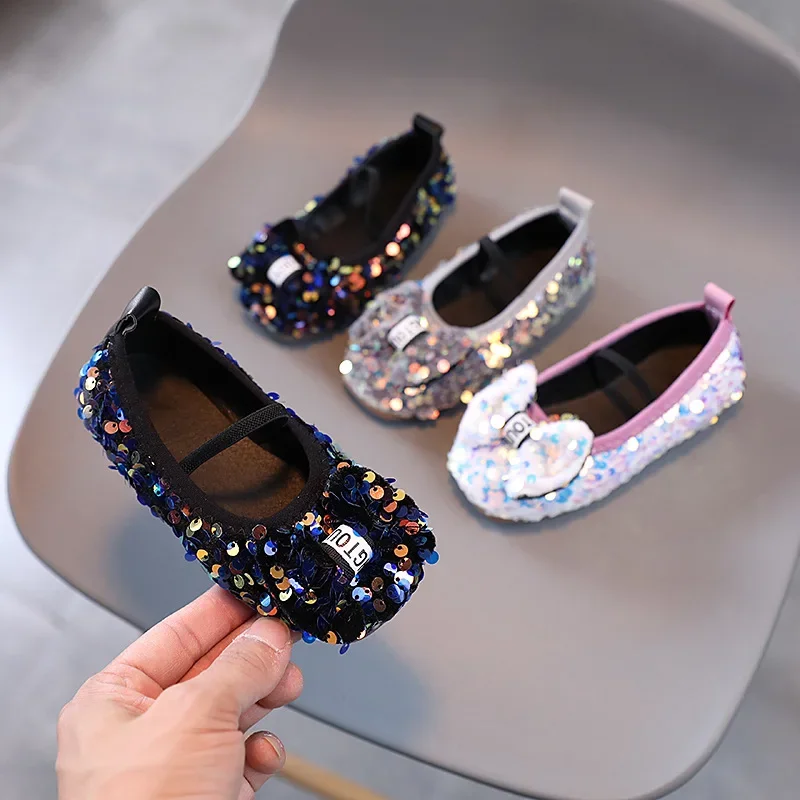 Girls Shoes Kids Glitter Leather Shoes for Wedding Stage Party Sequins Bling Shiny with Bow-knot Princess Soft Children\'s Flats