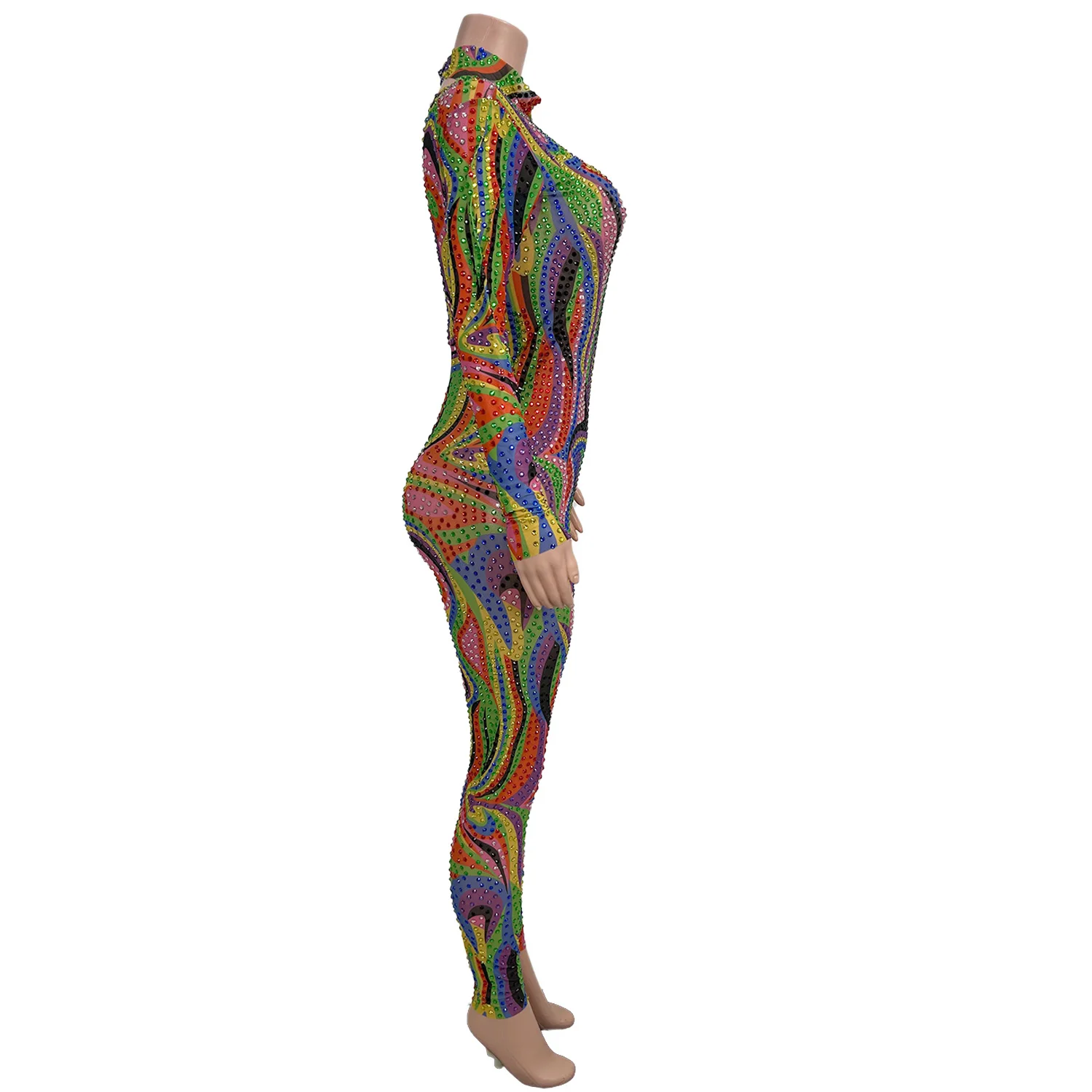 Seksowny kombinezon damski z długim rękawem, kolorowe paski, diamenty, jednoczęściowy strój z dżetami, kombinezon na imprezę, strój sceniczny.