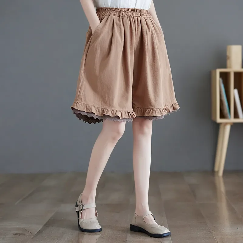 Pantaloncini a strati con volant tinta unita da donna Pantaloncini larghi comodi estivi casual in vita elastica