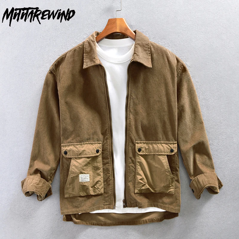 

Autumn Long Sleeve Zip Up Shirt Men Fashion Streetwear Khaki Cargo Shirts Big Pockets Corduroy Shirt Pure Cotton Loose Overshirt