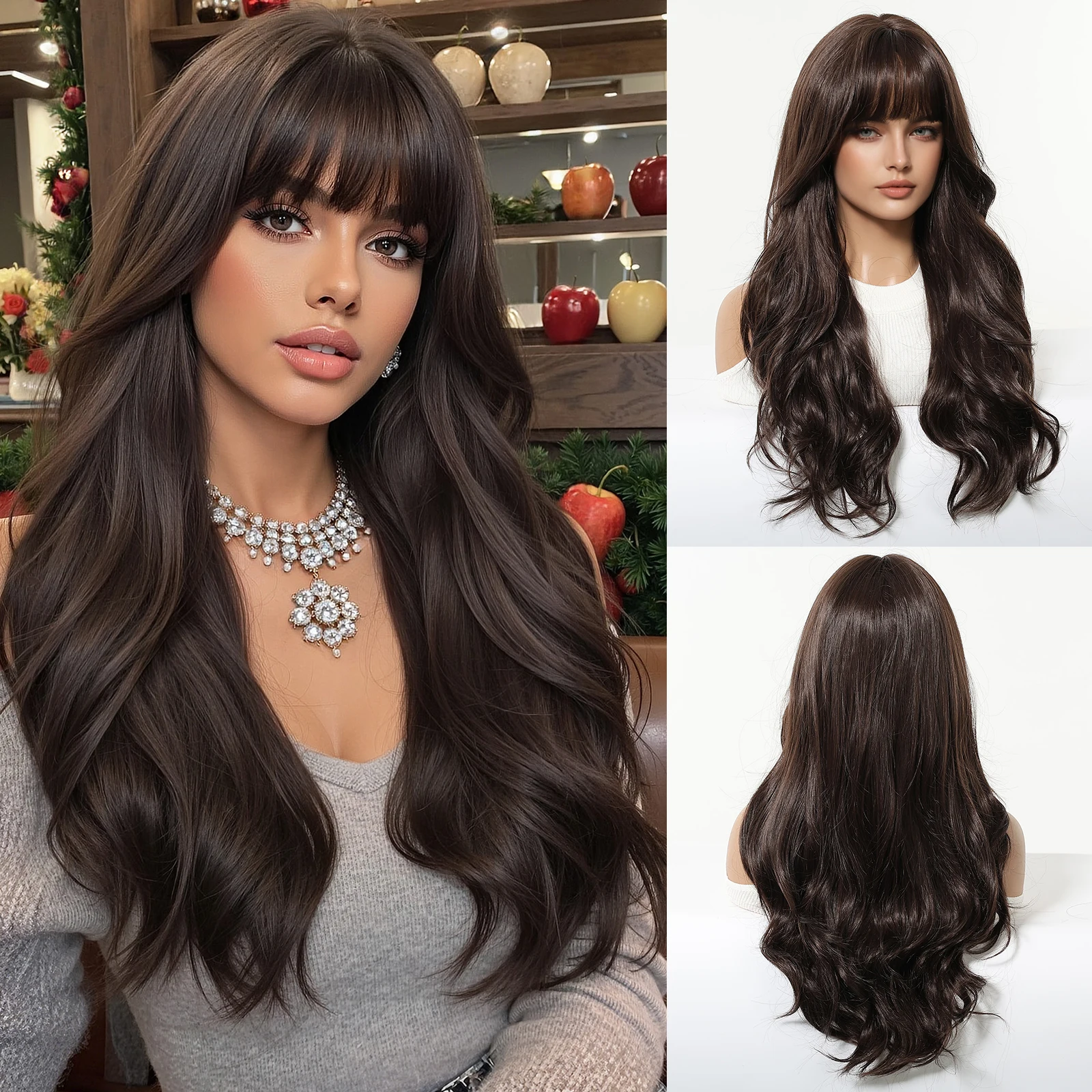 

Allbell Magique Темно-коричневые парики с челкой для женщин Модные длинные волнистые синтетические парики Вьющийся парик для рождественского использования Термостойкие