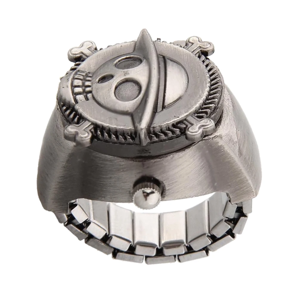 Vintage süße Totenkopf Pirat Metall Taschen-Fingerring-Uhr