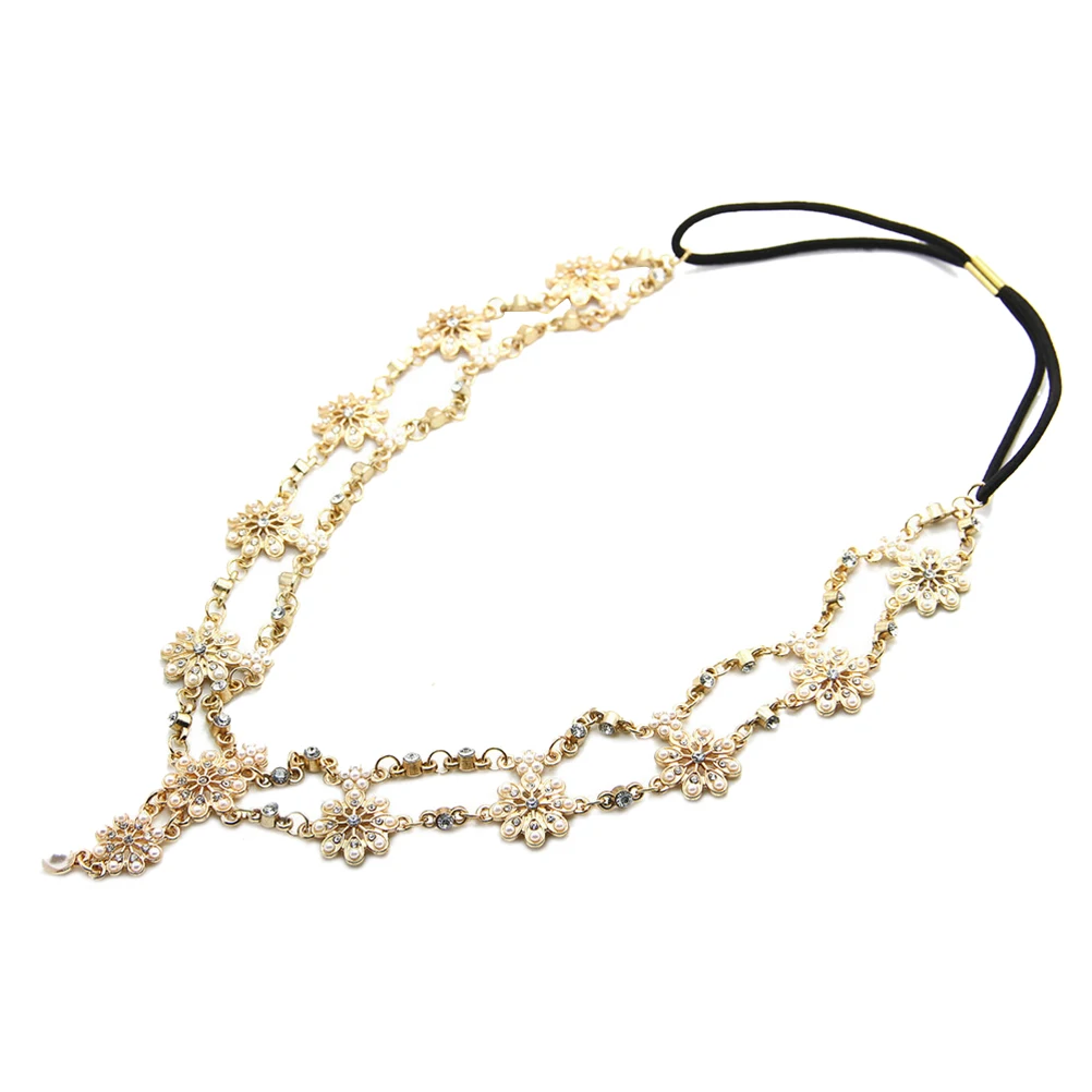 

Flower Headband Rhinestone Women Bohemian Hair Imitation Pearl Accessories Hoop Bridal Headdress Wedding Party Hairband