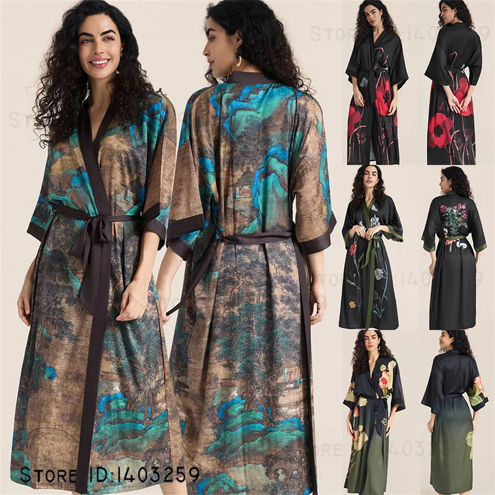 

Ice Silk Female Long Robe Half Sleeve Kimono Batrobe Gown Yukata Elegant Comfortable Women's Sleepwear Loose Casual Home Dress