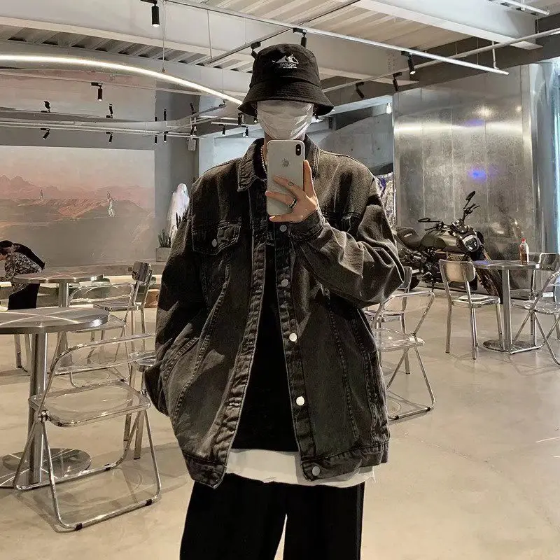 

Ретро-куртка из американского черного денима для мужчин: свободная, повседневная, универсальная, модная рабочая одежда для весны и осени, молодежная мода