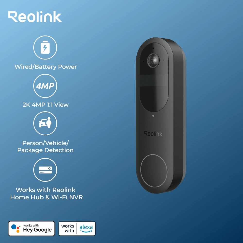 

Reolink 2K Battery Doorbell WiFi Outdoor Wireless Doorbell, Battery/Wired Power, Storage Encryption via Home Hub, Without Chime