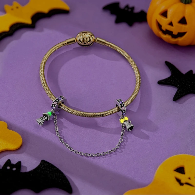 925 Sterling Silver Halloween Glow in the Dark Ghost Safety Chain Witch Hat Anti-Lost Bracelet Chain Fit Bracelet Jewelry Gift