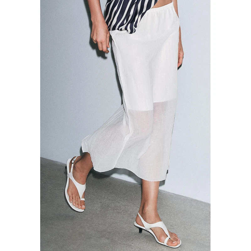 Spring Summer New Women's Midi Skirt Transparent White Rayon Blend High Waist Slit Long Straight Cut Stand Fit  Color