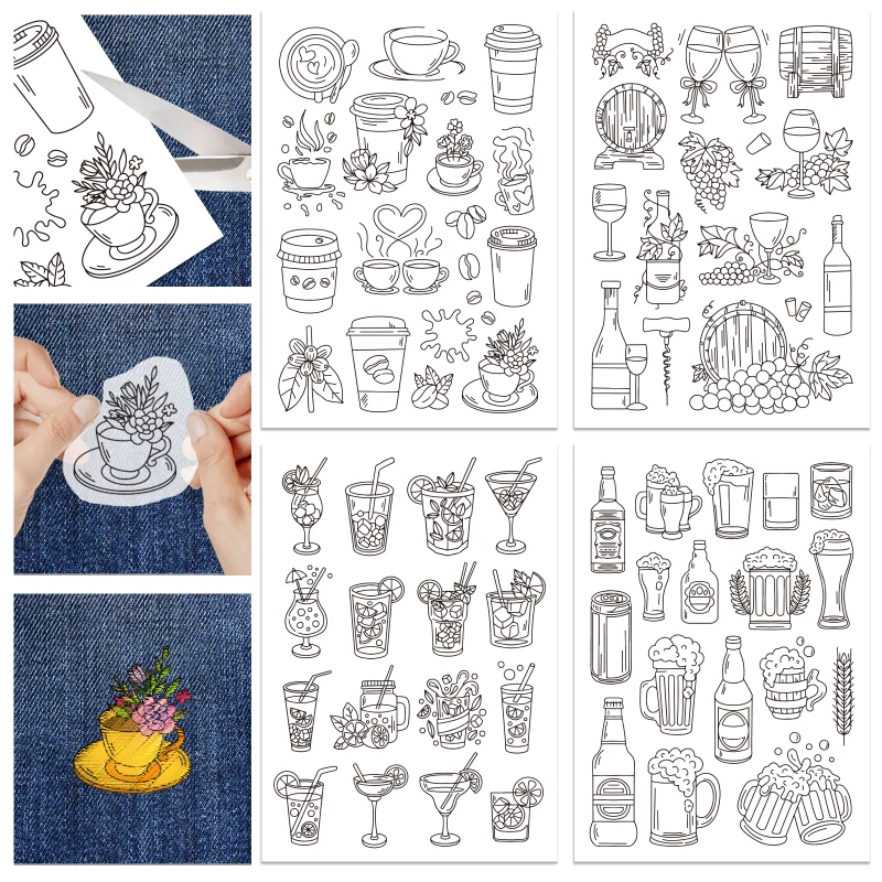 4 Sheets Coffee Cup and Flower Water Soluble Stabilizer Hand Sewing Stabilizers with Pre Printed Stick and Stitch Self Adhesive