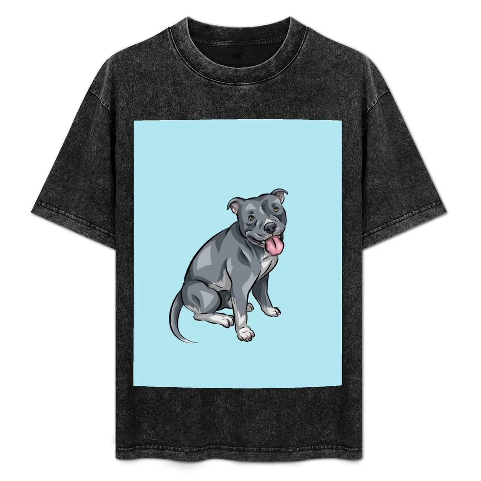 Camiseta Azul com Estampa de Cachorro American Bully Merle em Desenho Animado, Casual para o Trabalho, Caimento Solto