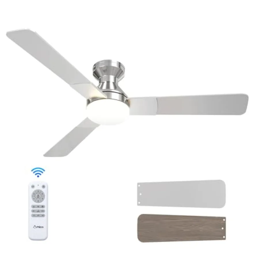 Ceiling Fans with Lights for Bedroom, Nickel 52 inch Low Profile Flush Mount Fan, Reversible, 3CCT Dimmable Light, Noiseless In