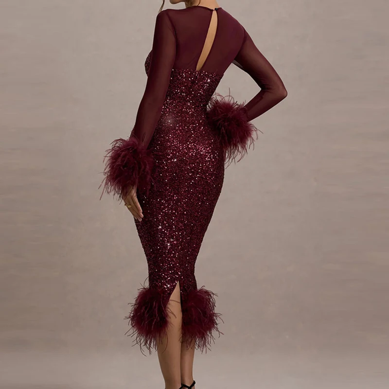 Casual O Neck Mesh Long Sleeve Party Dress 2024 Feather Patchwork Slim A-line Dress Elegant Sequin Backless Wrap Hip Women Dress