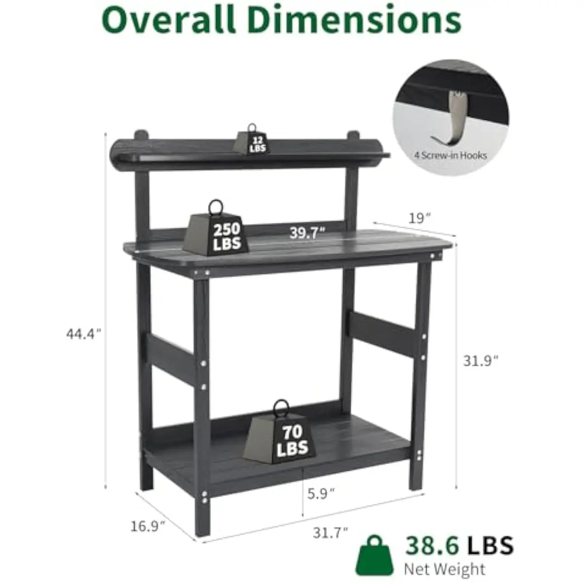 3 Tier Outdoor Potting Bench with Storage Shelves, Wood Grain Gardening Workstation Table with Hooks for Patio Backyard Garden