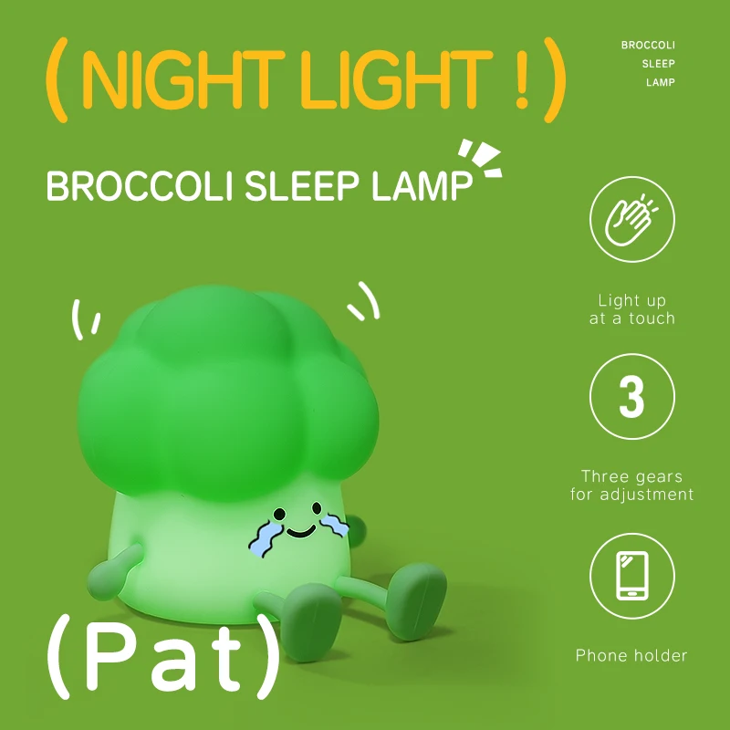 Cute Broccoli Night Light - LED Sleep Lamp for Kids, Soft Glow Nursery Decor Cartoon Baby Bedside Lamp