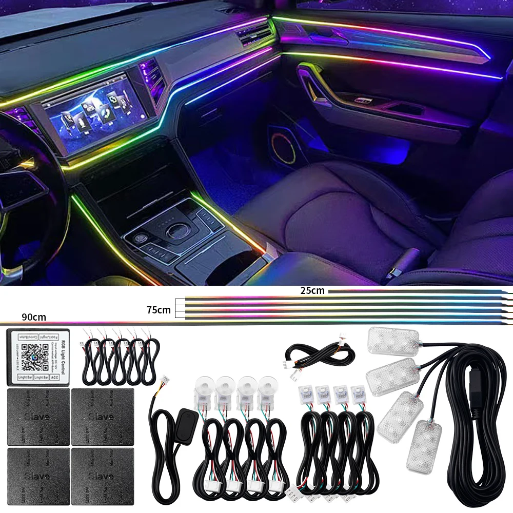 18 in 1 Dual Zone Symphony LED Car Ambient Lights RGB 64 Colors Interior Rainbow Acrylic Strip Neon Atmosphere Lighting Kit App