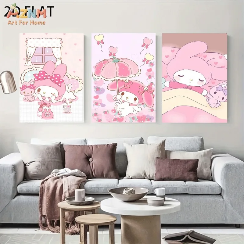 Unframed My Melody Canvas Wall Art Pink Umbrella Sweet Dream Heart Balloon Cartoon Poster Girls Bedroom Aesthetic Decor Gift Fo