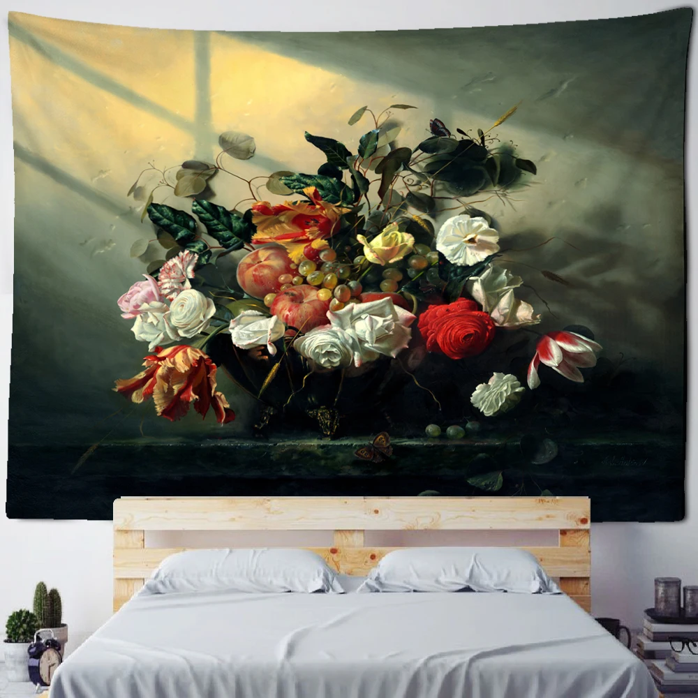Simple European-Style Flower and Fruit Oil Painting Tapestry Psychedelic Art Bedroom Living Room Home Decor Wall Hanging