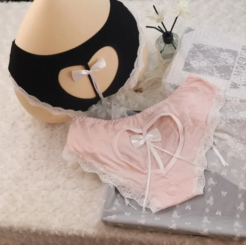 الحلو فتاة القوس الدانتيل لطيف سراويل منخفضة الخصر الحب القلب الجوف خارج مثير الملابس الداخلية النسائية القطن المنشعب تنفس ملخصات