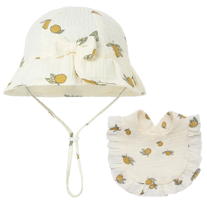 2pcs Baby Bucket Hat Sweet Bow Infant Fisherman Cap for Girl Princess with Baby Feeding Drool Bib Set Panama Summer Kids Sun Hat