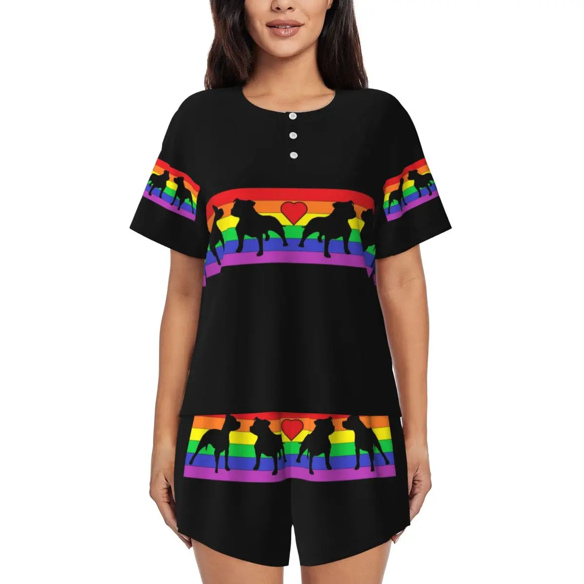 

Custom Printed Women Rainbow Staffordshire Bull Terrier Dog Pajamas Set Short Sleeve Animal 2 Piece Sleepwear Pjs Lounge Sets