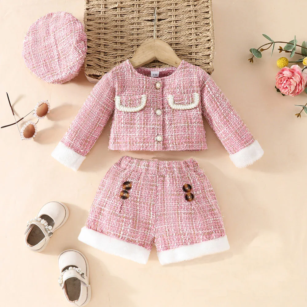 2024 Autumn Baby Girls Clothes Cute Plush Selvedge Plaid Long Sleeve Tops Solid color Flared Short Pants with Beret Sets