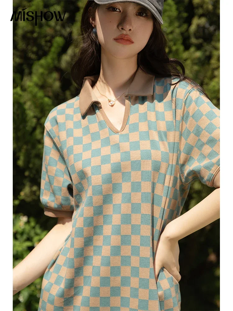 MISHOW Summer Dress for Women Checkerboard Fashion V-Neck Female Korean Loose Elegant A-line Knee-Length Dresses MXB22L0775