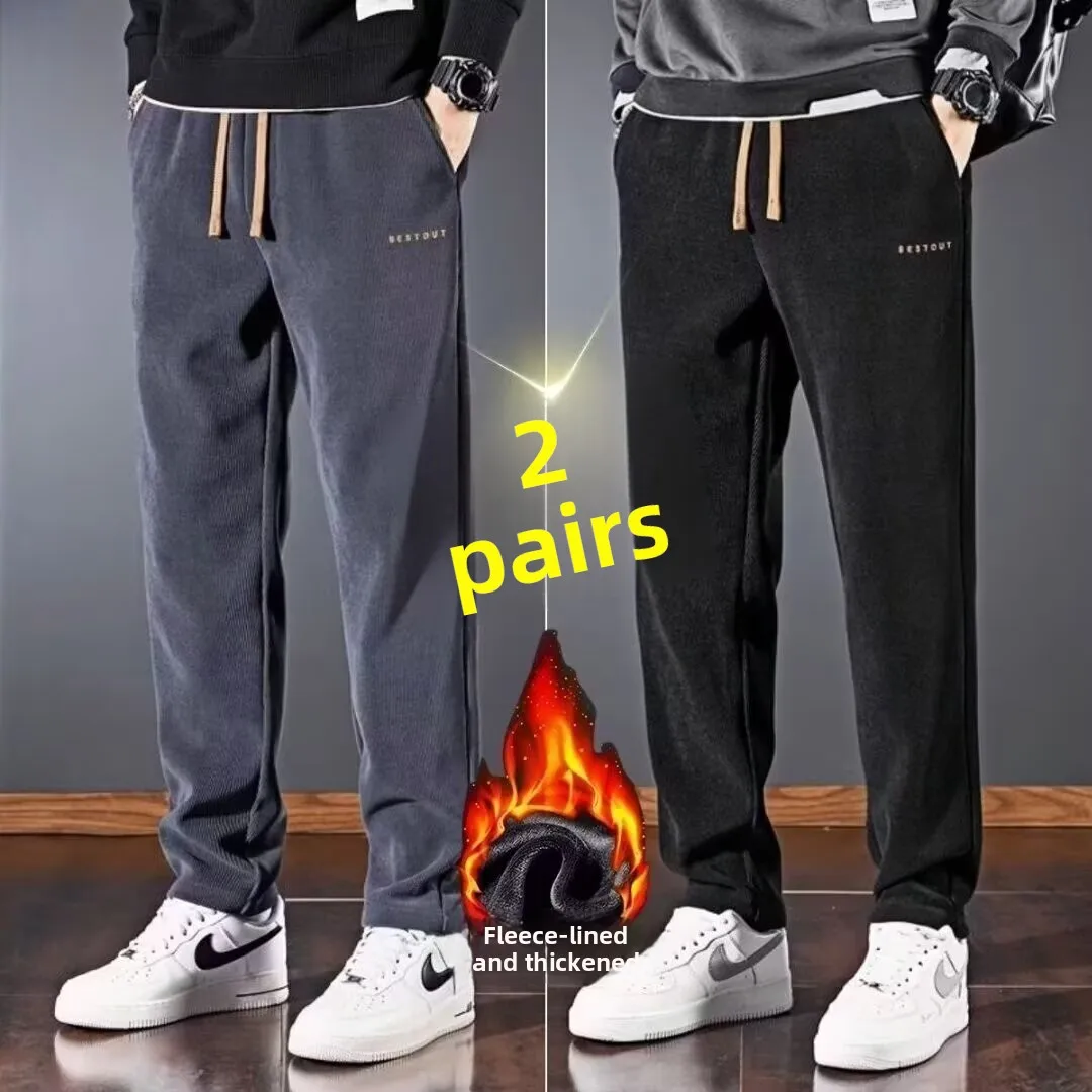 Thickened Fleece Lined Corduroy Casual Pants for Men Workwear Autumn Winter Resistant to Dirt And Wear Loose Straight Leg Lar...