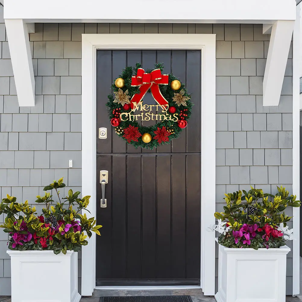 

1 Set Christmas Wreath Door Hanging Decoration Garland Pvc Iron Art Simulated Plant Flower Bow Bell Modeling Warm Light String