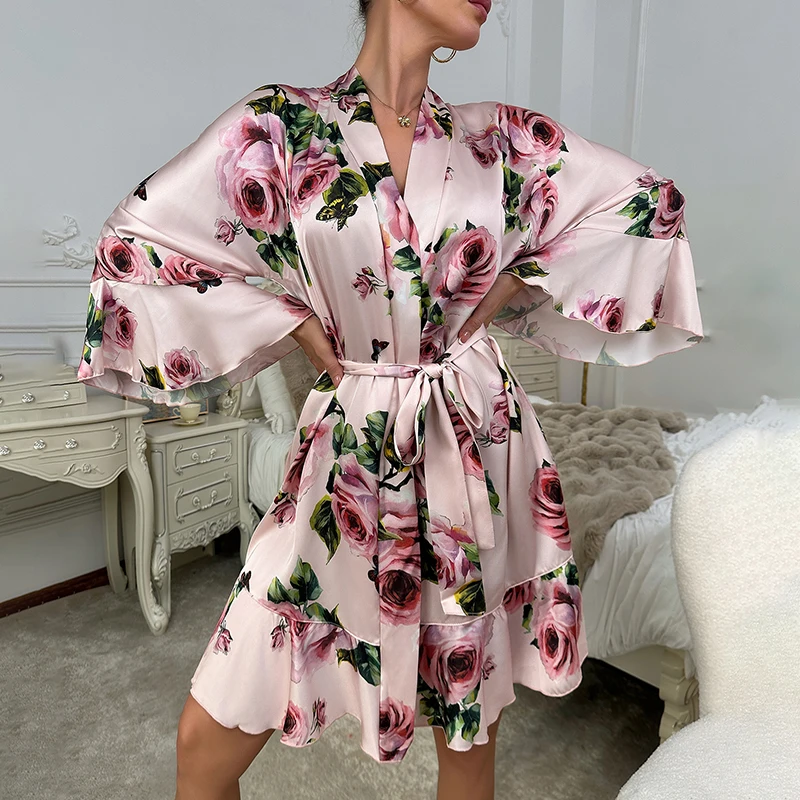 

Autumn Women's Pajamas Pink Rose Print Robe Ruffles Satin Nightgowns Floral Night Dress Home Clothes Elegant V-Neck Shower Robe