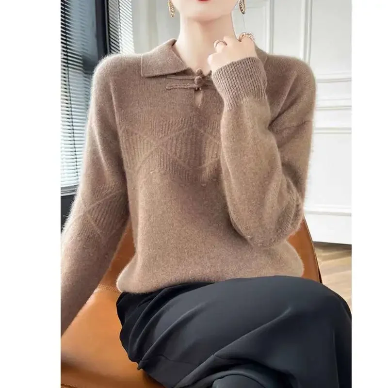 Pair Button Chinese Style Pure Color Fashionable Sweater Long Sleeve Fashionable Design Loose Sweater Comfortable Casual