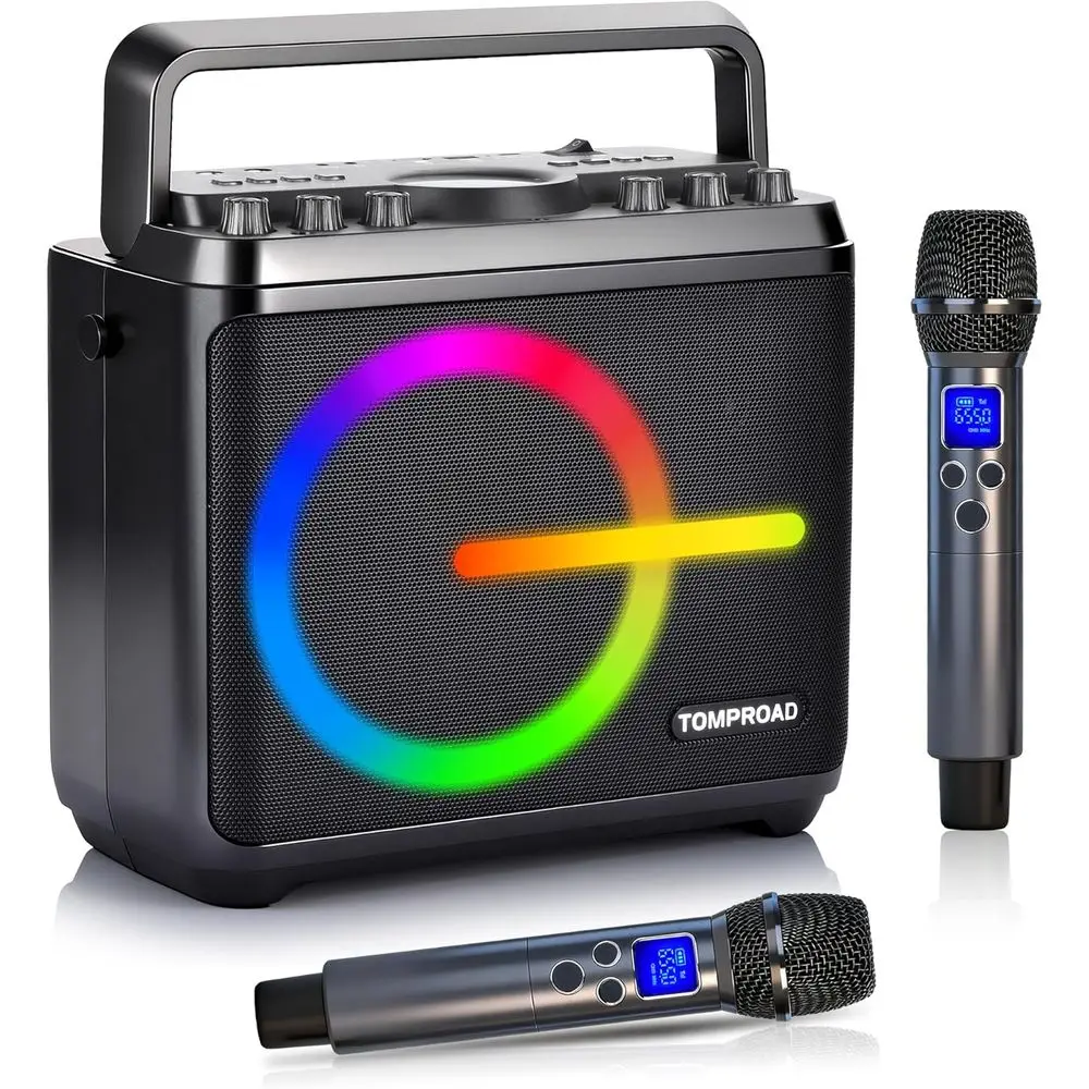 

Portable Bluetooth Karaoke Speaker with 2 Microphones, LED Lights, Bass/Treble Control, T Card/USB, Recording for Home Parties