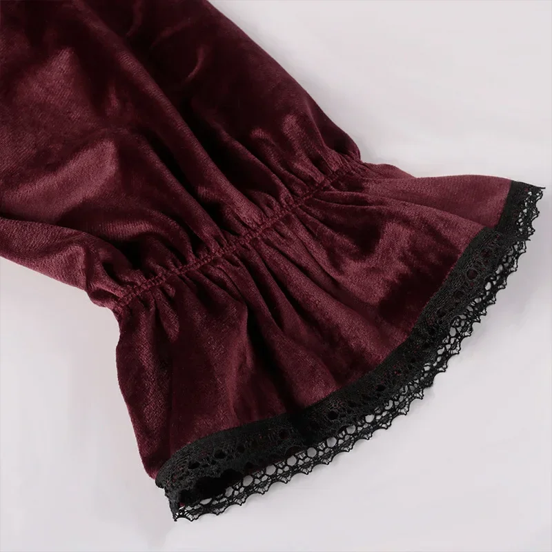 Halloween Cosplay Costume vittoriano medievale vintage Lace Trim Uomo Camicie con volant in velluto Camicetta Steampunk Vampiro Dress Up Party