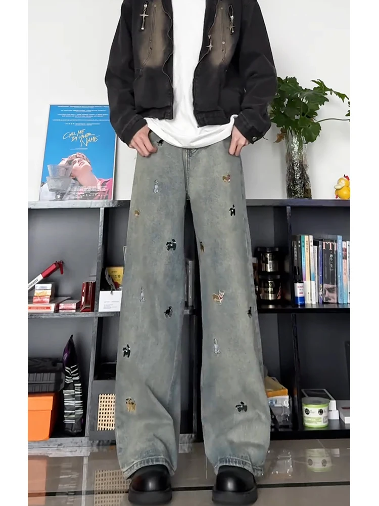 

Sli Embroidered Men's Jeans Loose Straight Leg Wide Leg Long Pants American High Street Trendy Haome Street Sle