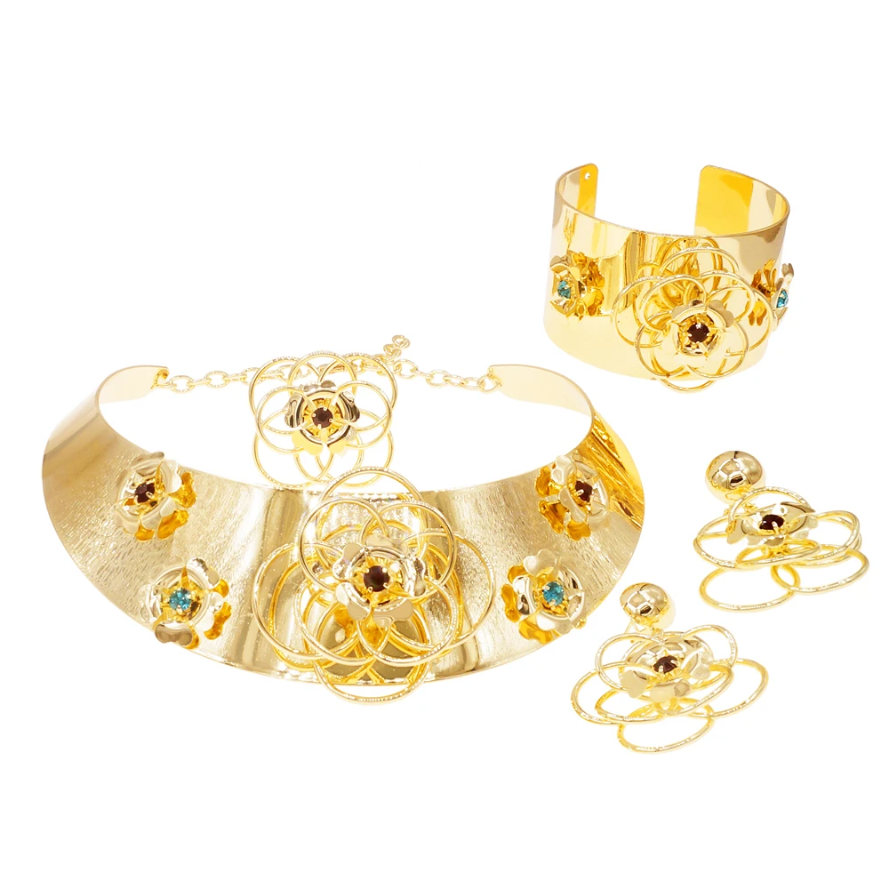 Yuleili Brazil gold-plated luxury jewelry four-piece set Big flowers small gems embellished with vitality fashion young romantic