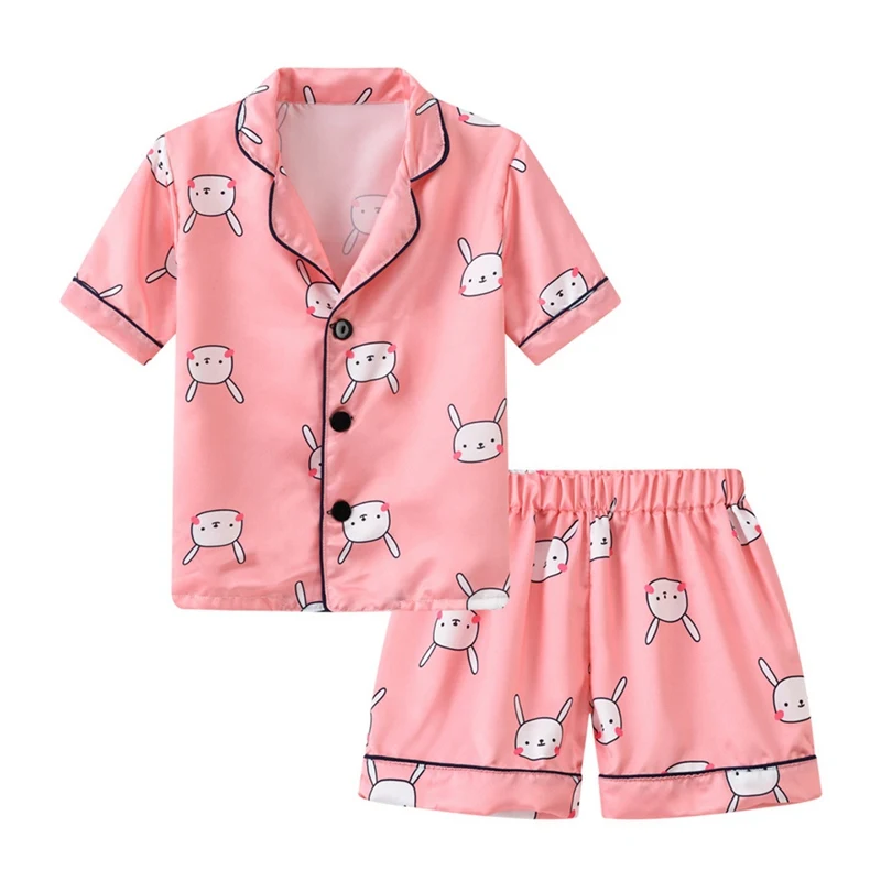 Kids Baby Boys Girls Pajamas Faux Silk Satin Top Pant Short Sleeve Pattern Button-Down Pyjamas Set Nightgown Child Sleepwear