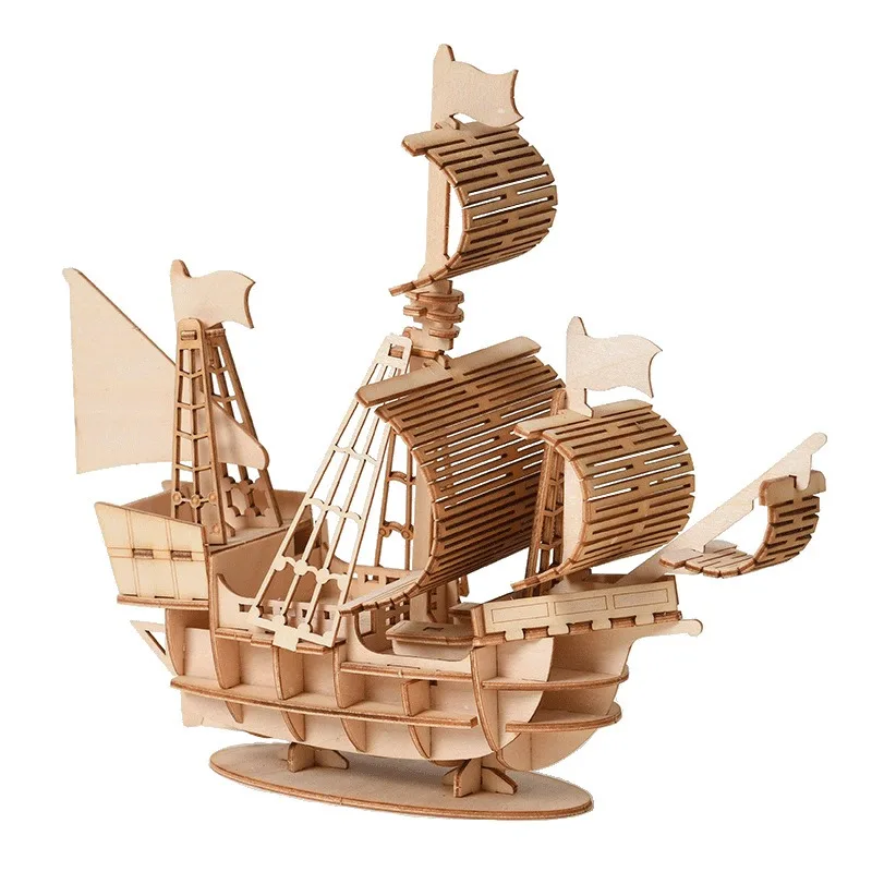 1PC 3D Sailboat Wooden Puzzle Assembly Model Puzzle DIY Wooden Crafts 3D Puzzle Gifts Desktop Decoration