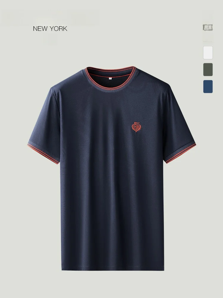 

Men's ort Sve round Ne T-irt Embroidered Lenzing Cotton High Quali Summer New Sle Faionable Ethnic Clothing