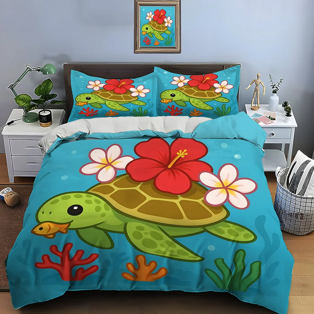 Turtle with flowers underwater Bedding Set for Kids Luxury Gift 3pcs Digital Print Comforter Set Soft Comfortable Breathable