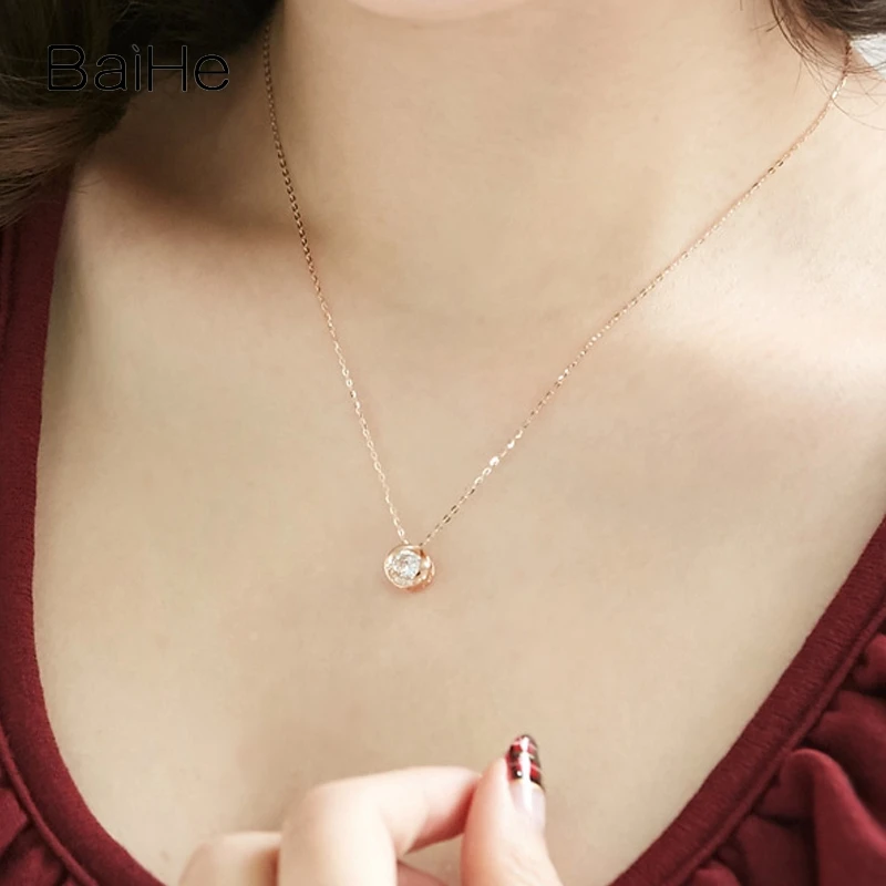 BAIHE Solid 14K Rose Gold Moissanite Natural Diamonds Simple Round Pendant Necklace For Women Trendy Engagement Fine Jewelry