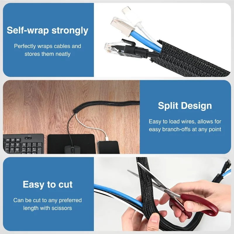 Flexible Cable Sleeve Self-Closing Cord Protector Wire Management Puppy Proof Bite-Resistant Cable Organizers for Home Office