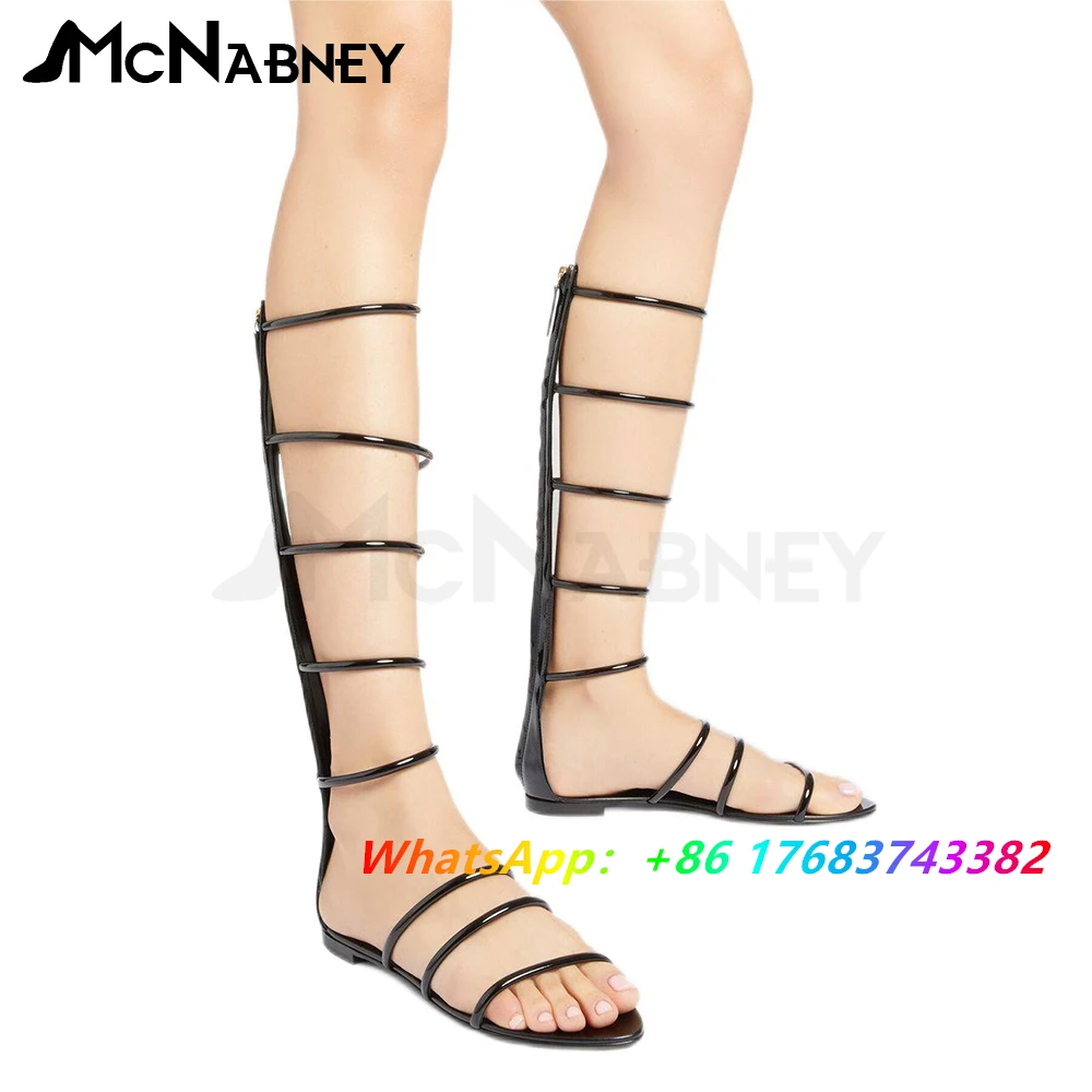 Zipper Sandals Boots Patent Leather Summer Shoes Flat Round Toe Sandals Knee Boots Summer Sandals Women Black Gold Flats Shoes