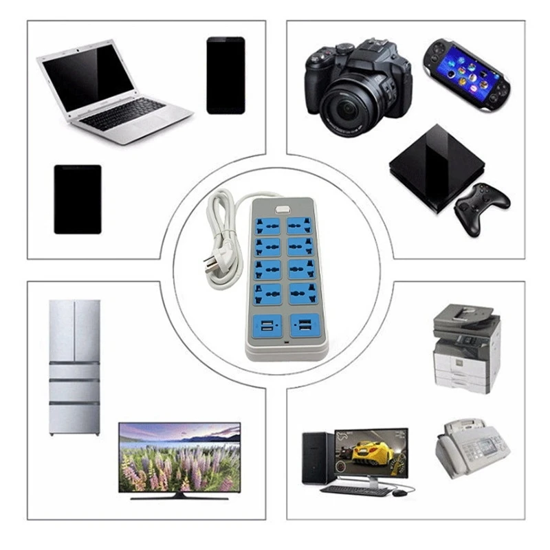 A14M Power Strip Surge Protector with 4 USB and 8 Outlets Ports 6.5 Feet Extension Cord 3000W 10A for Home Dorm-US Plug
