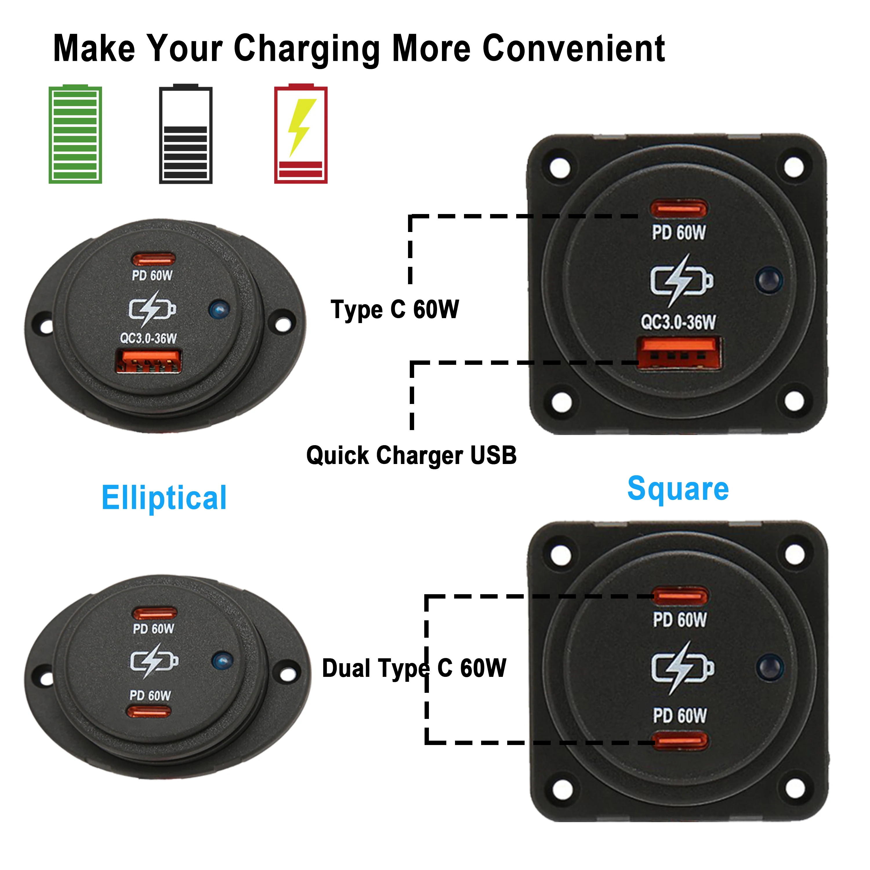 Dual USB Quick Charger QC 3.0 PD 60W Type C Socket Blue Led Rocker Switch DC 12V-24V Adapter for Car Motor Marine Boat Truck