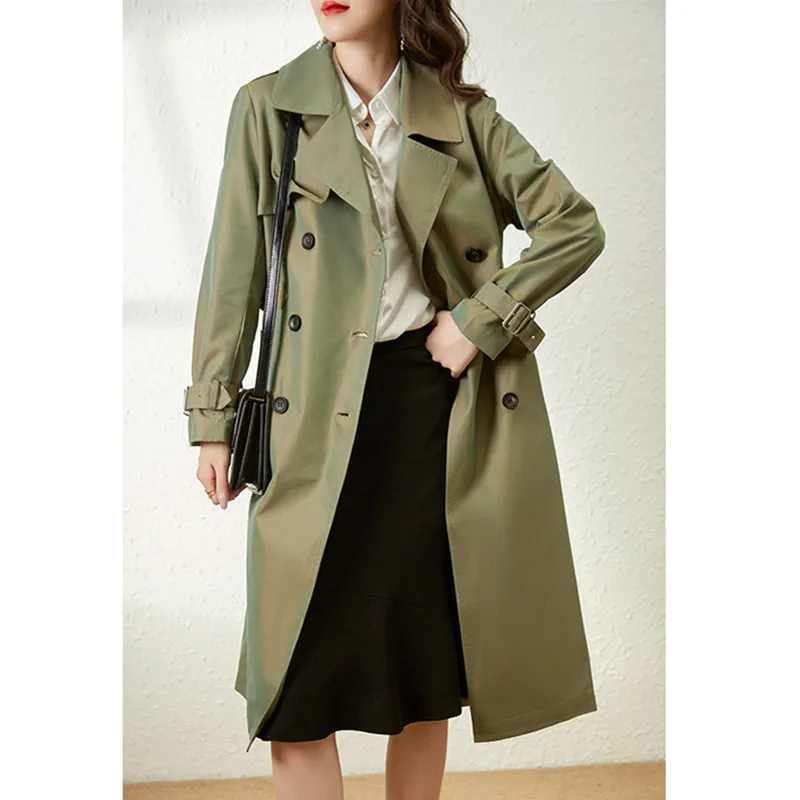 Mid Length Trench Coat Women's Spring Double Breasted Coat Outerwear OL Fashion Trench Coat Metallic Color