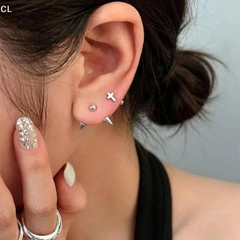 2pcs/Lot Punk Rock Style Imitated Cross-Point Spike Stud Earrings Devil Ear Stack Cartilage Faux Body Piercing Jewelry Set