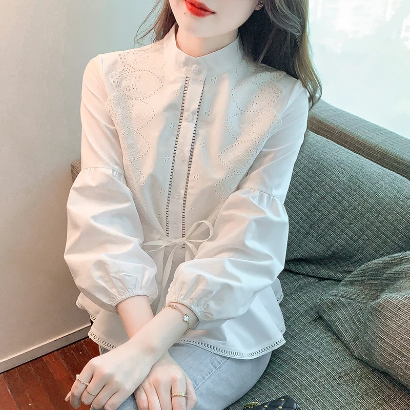 QOERLIN Lace-Up Slim Waist White Shirts Women Long Sleeve Hollow Out Lantern Sleeve Elegant Casual Blouse Female 2024 New Tops