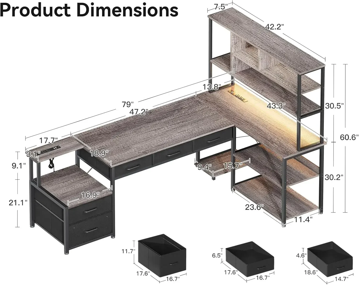 79 inch L Shaped Desk with File Drawers, Reversible L Shaped Gaming Desk with Power Outlets & LED Lights, Computer Desk