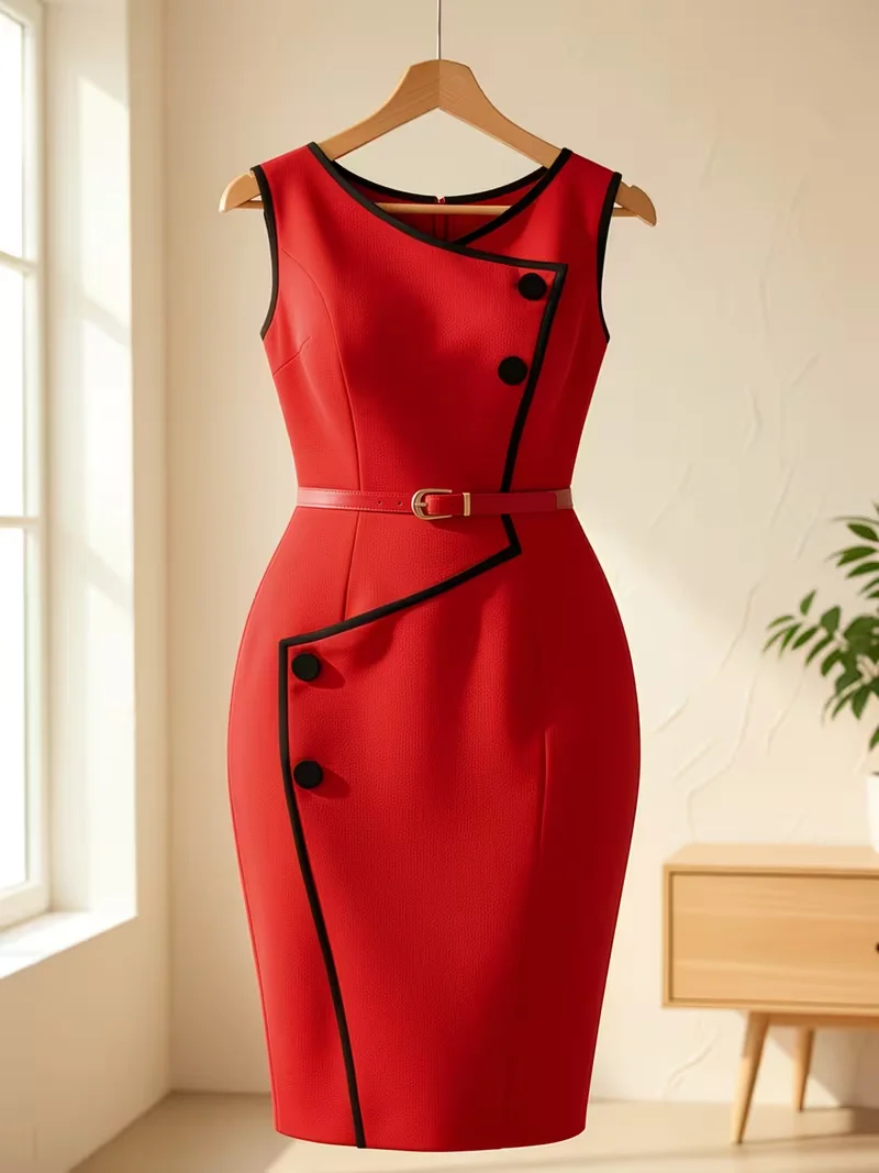 Übergröße Damen Elegantes Sommer Colorblock Asymmetrischer Ausschnitt Ärmelloses Midi Cocktail Party Bodycon Bleistift-Midikleid – Detail 6