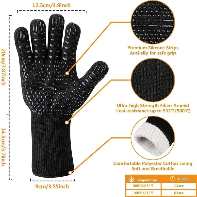 1472°F Heat Resistant Fireproof Oven Mitts Long Silicone Mittens BBQ Gloves Grilling Gloves for Kitchen Smoker Barbecue Camping