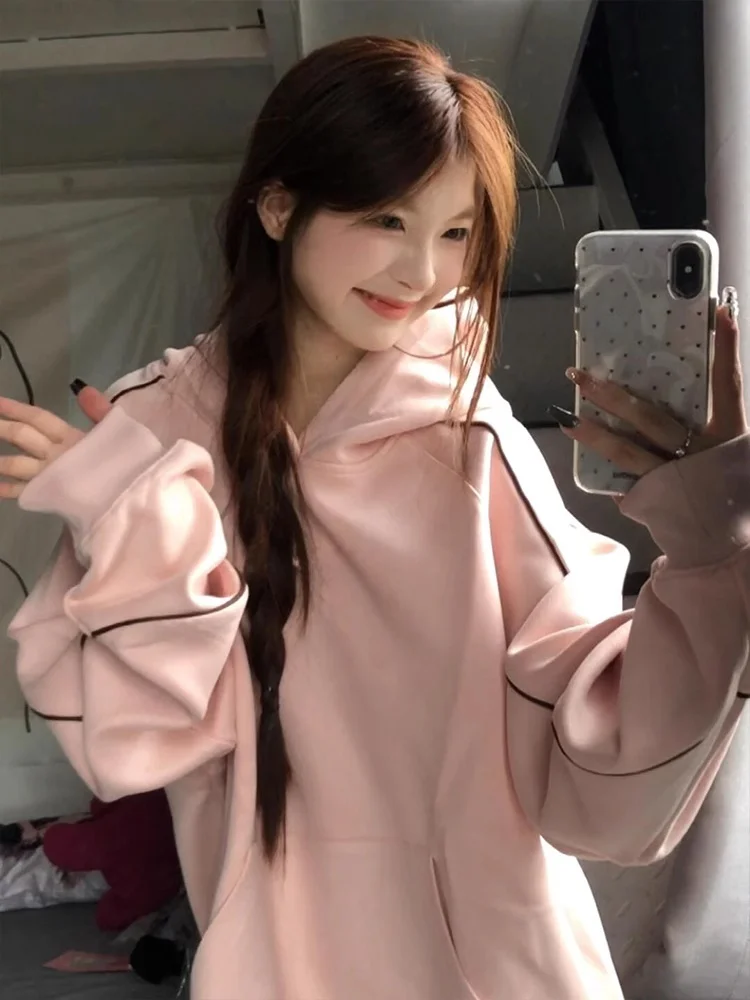 

Розовая женская толстовка с капюшоном на весну-осень: свободный крой, шикарный и универсальный дизайн, повседневная комфортная верхняя одежда